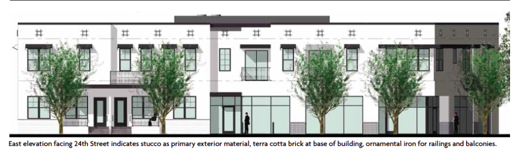 East elevation facing 24th Street indicates stucco as primary exterior material, terra cotta brick at base of building, ornamental iron for railings and balconies.