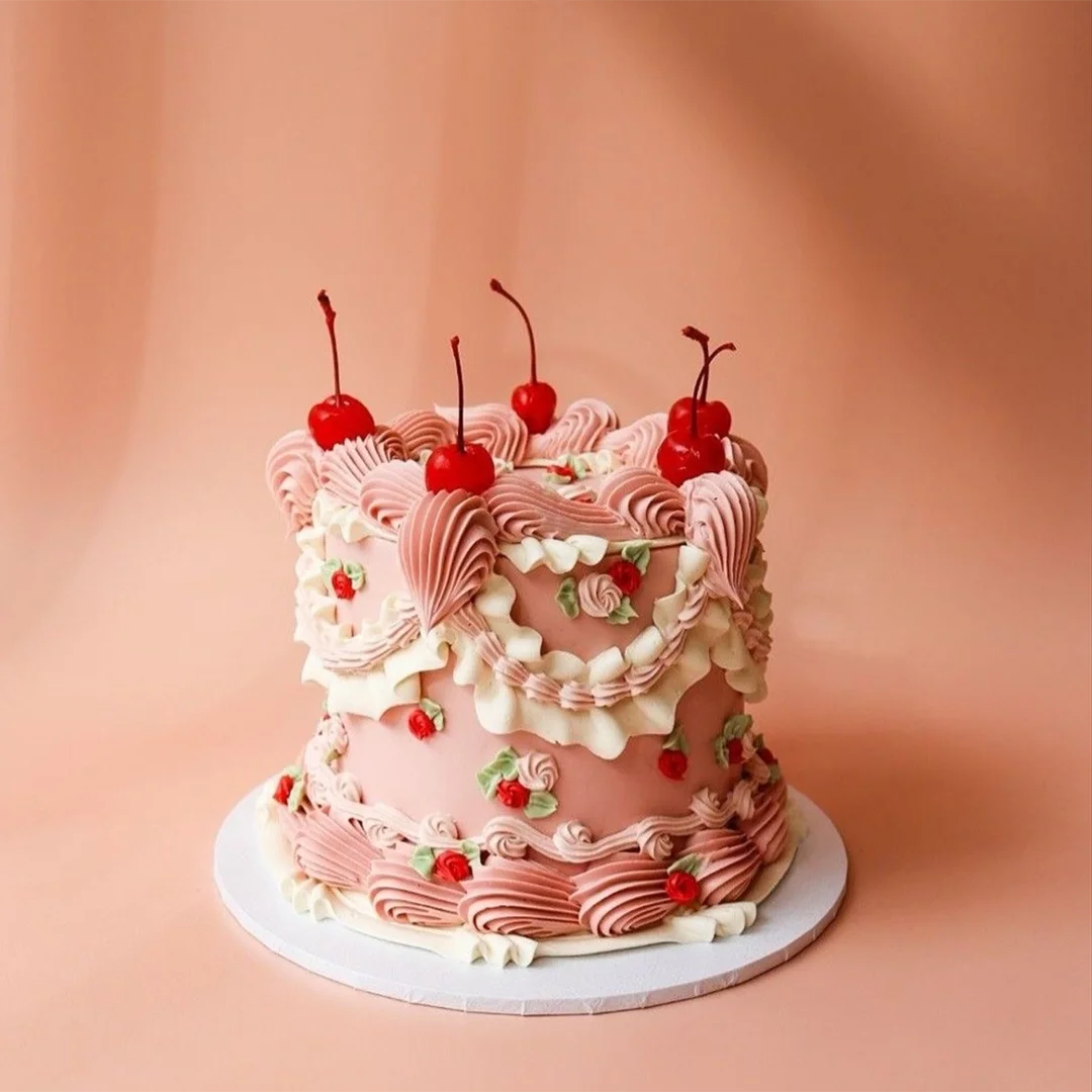 Pink cake with cherries and decorations