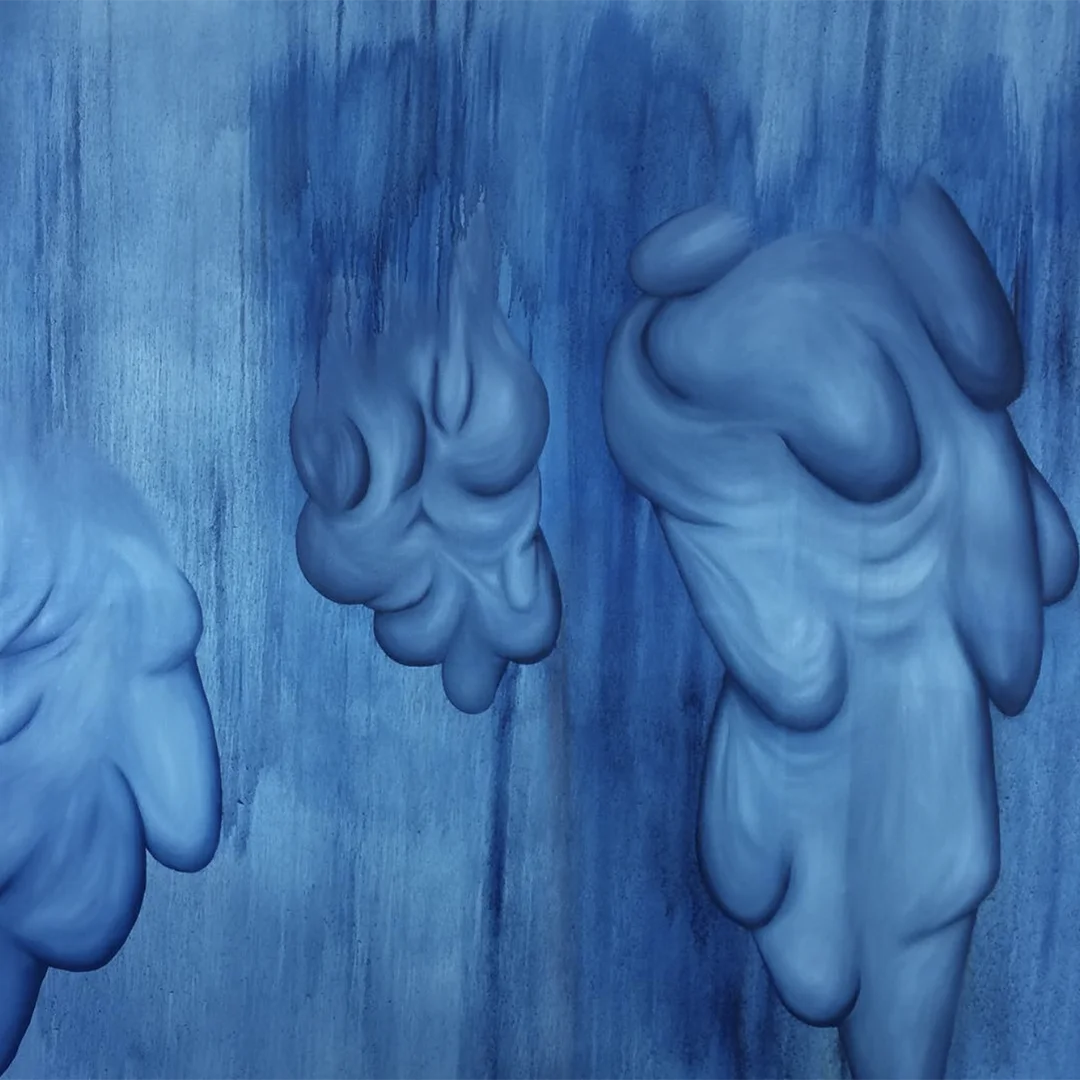 Abstract blue shapes resembling jellyfish