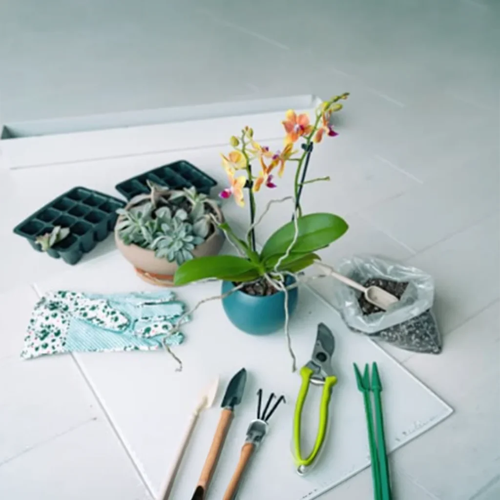 Orchid repotting tools and plants