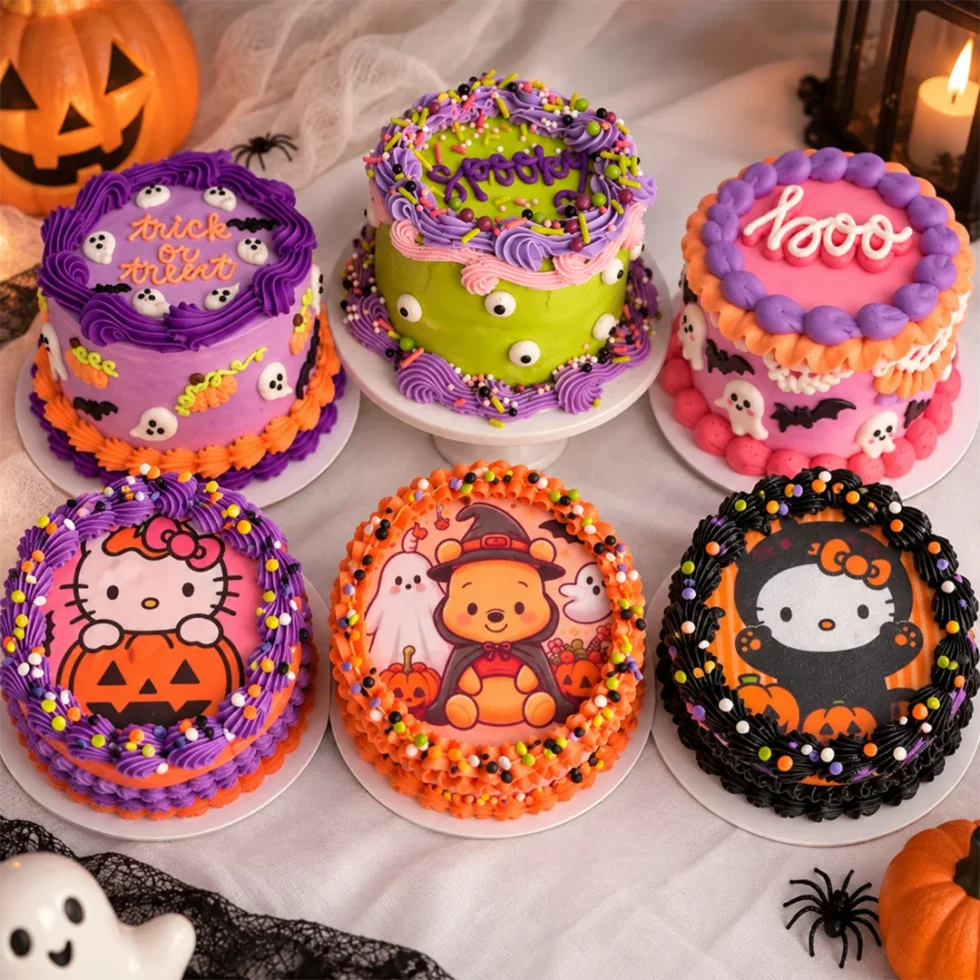 Colorful Halloween-themed decorated cakes