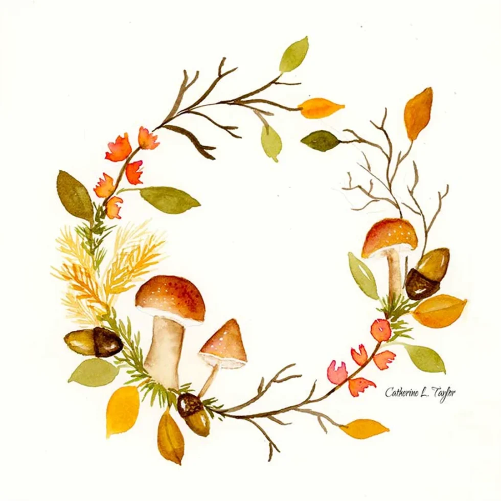 Colorful autumn wreath with mushrooms and leaves.