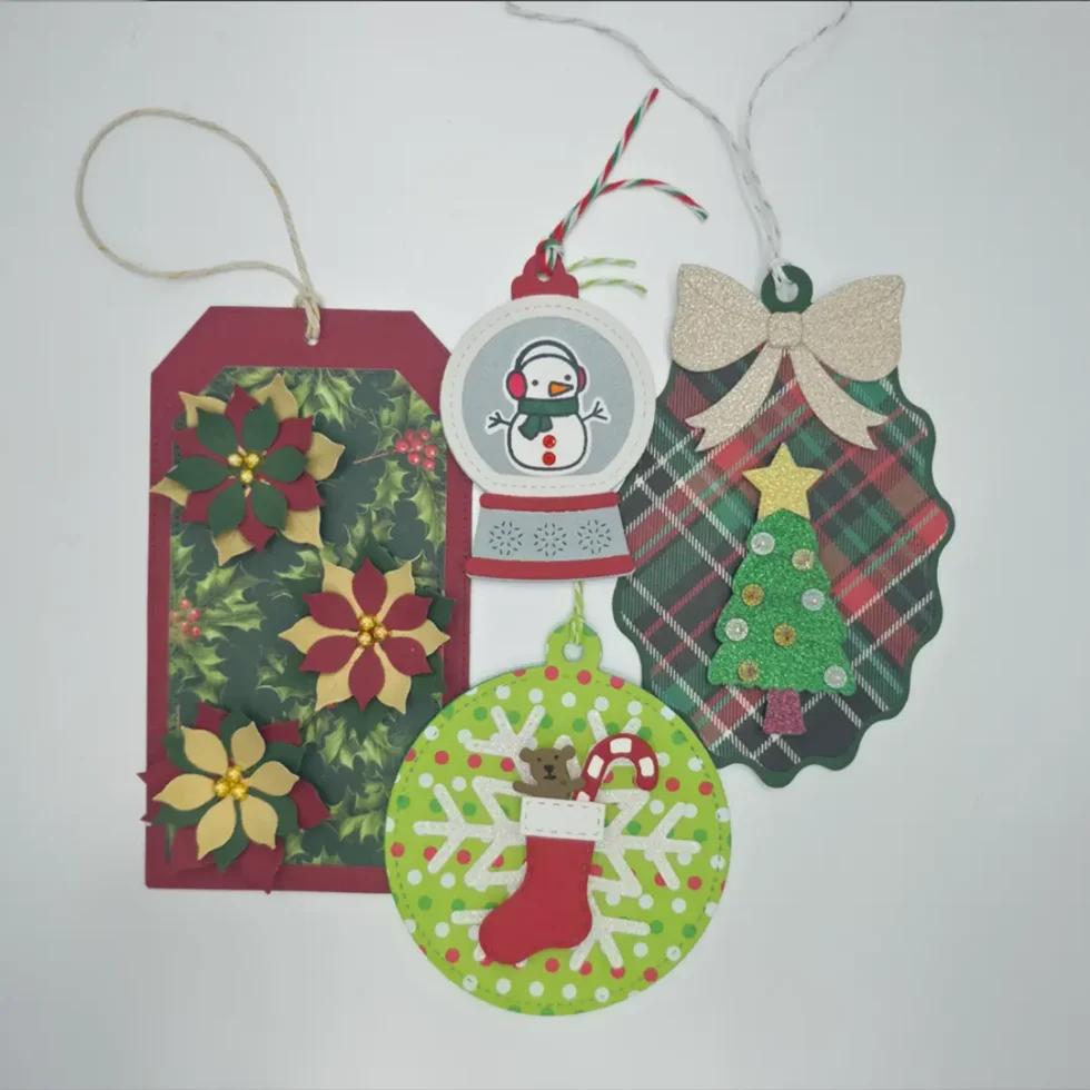 Colorful holiday gift tags and decorations